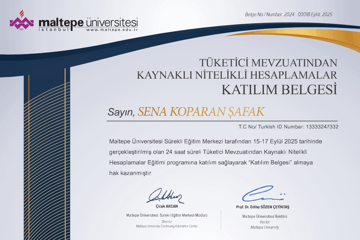 Tüketici Mevzuatından Kaynaklı Nitelikli Hesaplamalar Katılım Belgesi